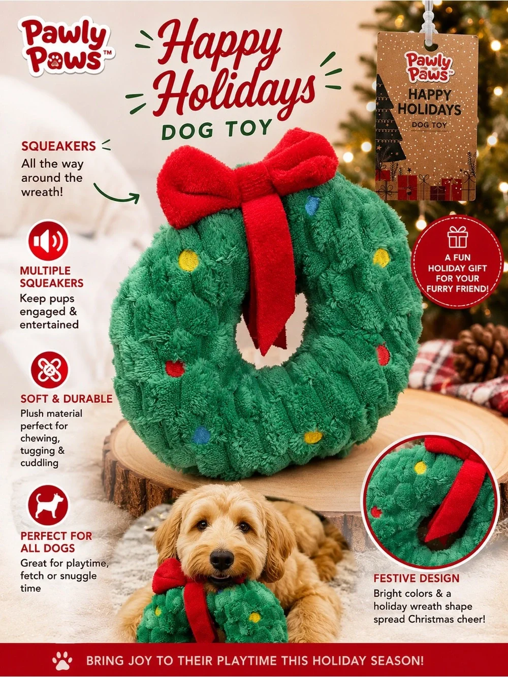 Happy Holidays Green Plush Wreath Dog Toy with Red Bow
